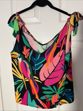 SOMA tropical bird print cami pajama lounge top bow tie shoulder multi color M